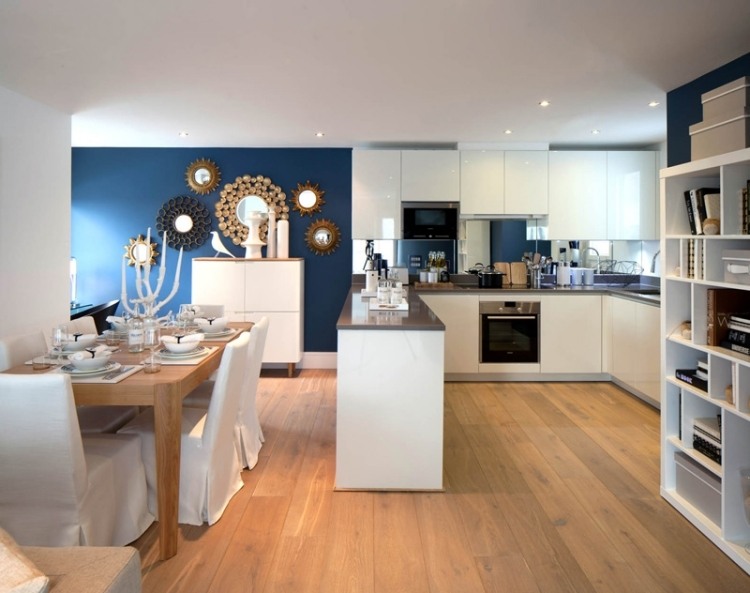 cool-living-ideas-do-it-yourself-open-kitchen-white-wall-paint-turquoise-mirror-frame-circles-playful