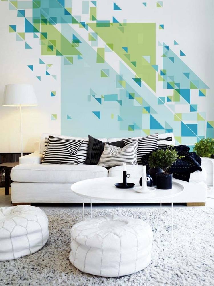 cool-living-ideas-do-it-yourself-living-room-fresh-colors-wall-design-wall-painting-triângulos-geométricos