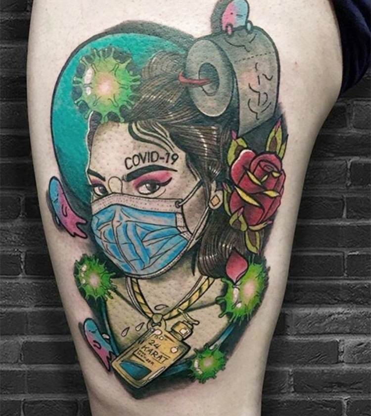Covid 19 desenho de tatuagem motor de tatuagem engraçado Corona Tattoo