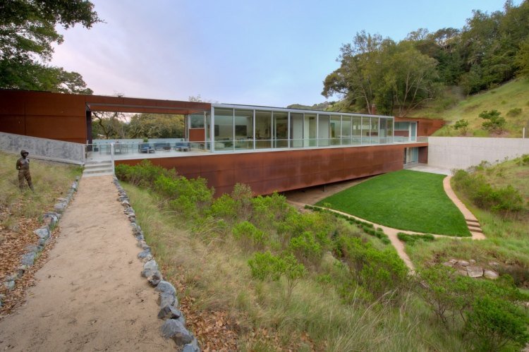 corten steel-cladding-large-glass-front-house