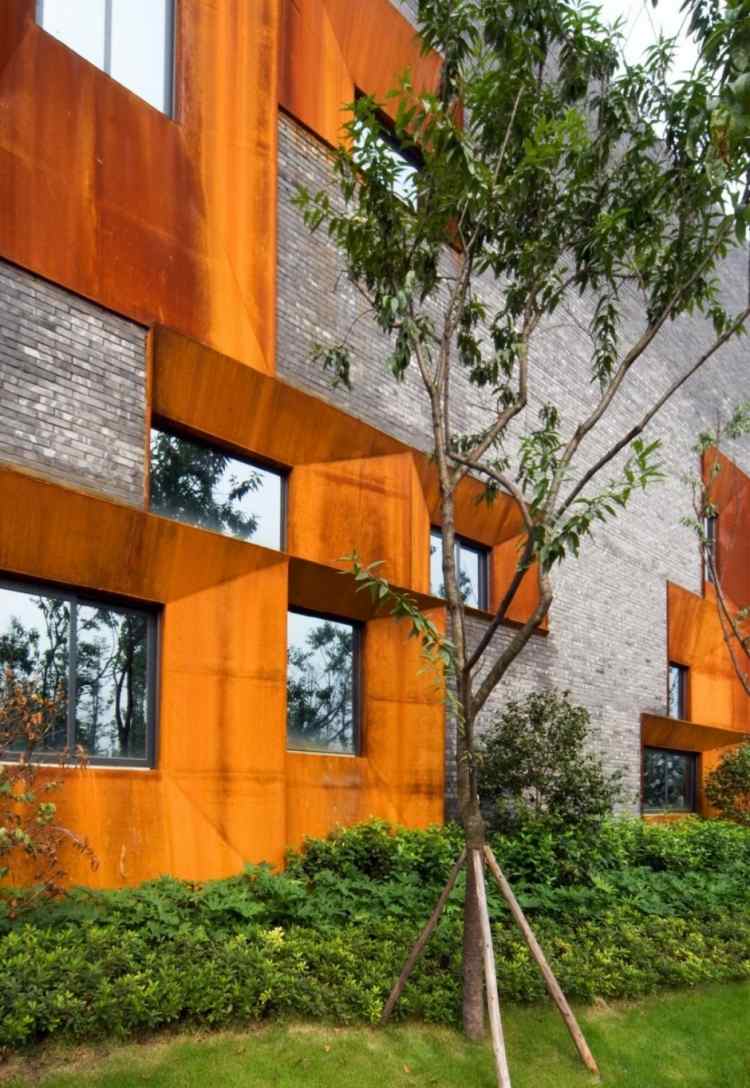 corten aço-fachada-combinação-blocos de construção cinza