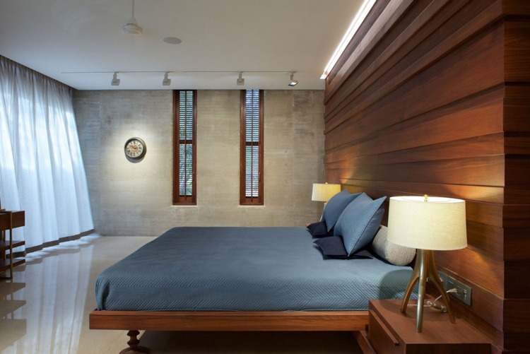 quarto-cama-madeira-3d-parede-design-aparência de concreto