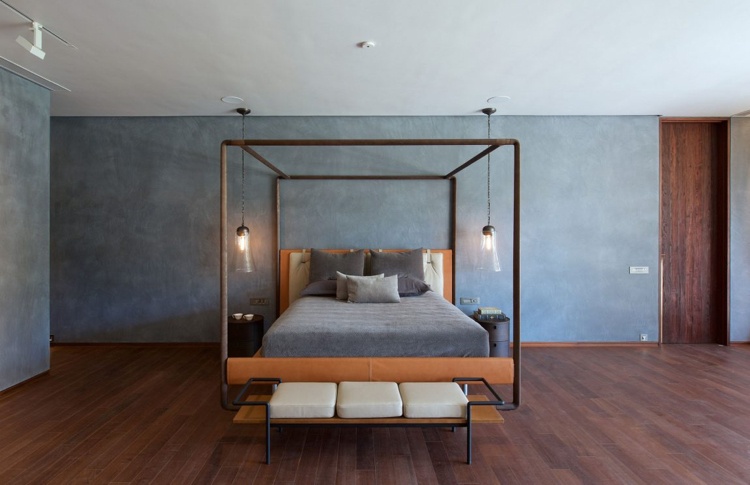 quarto, parede, design, concreto, cama com dossel, piso de madeira