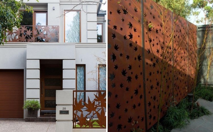 corten steel-privacy screen-garden-balcony-maple-leaves-motif