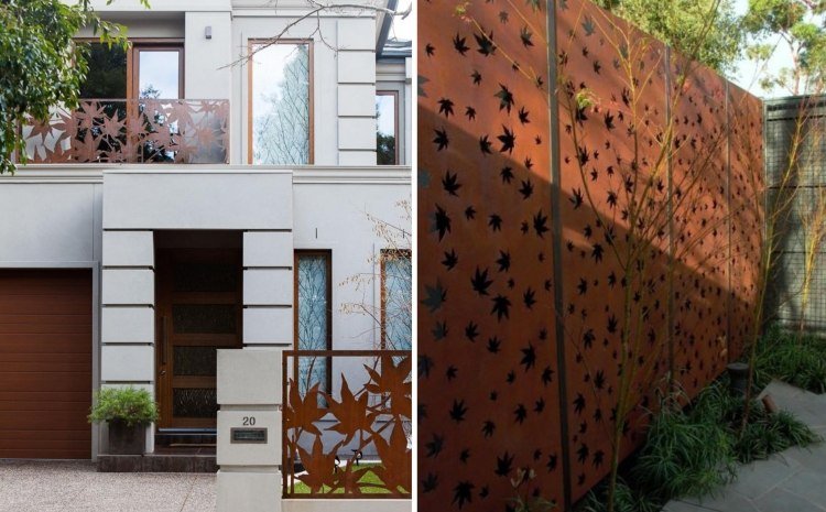 corten steel-privacy screen-garden-balcony-maple-leaves-motif