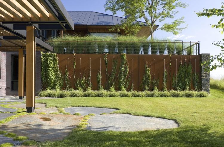 corten aço-tela de privacidade-jardim cerca-escalar plantas-gramíneas ornamentais