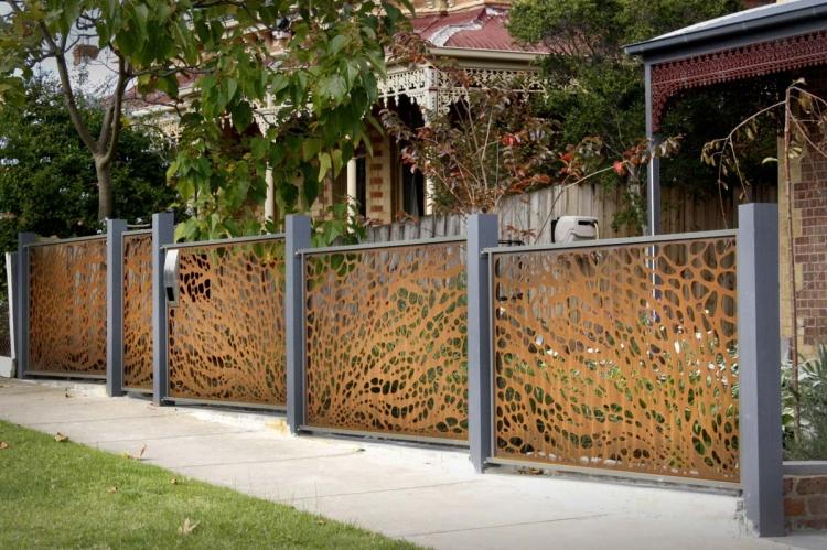 corten steel screen privacidade jardim cerca postes cinza