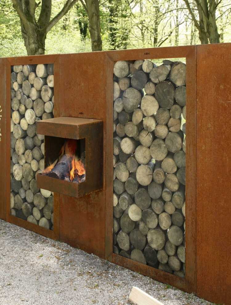 corten steel-chimney-privacy-screen-garden-wood-shelf