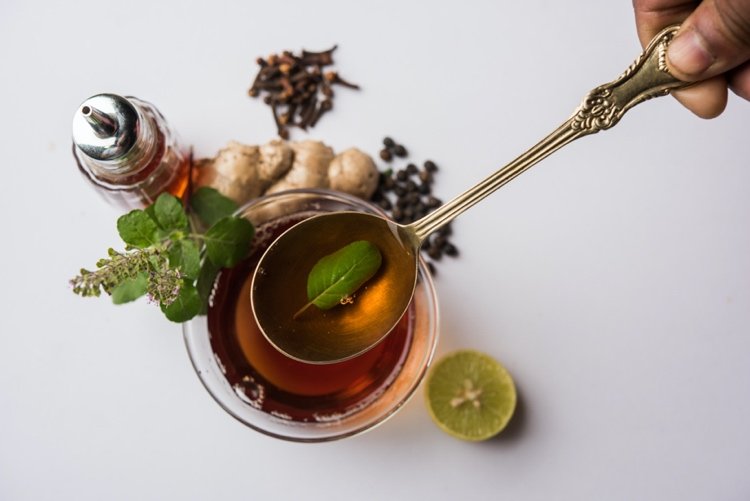 Níveis de cortisol mais baixos por meio de ervas Ayurveda Tulsi manjericão sagrado