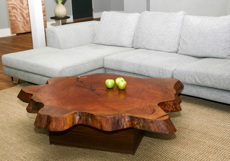 Mesa de centro feita de fatias de madeira, sala de estar moderna-canto-couck-carpete-madeira-lacada escura