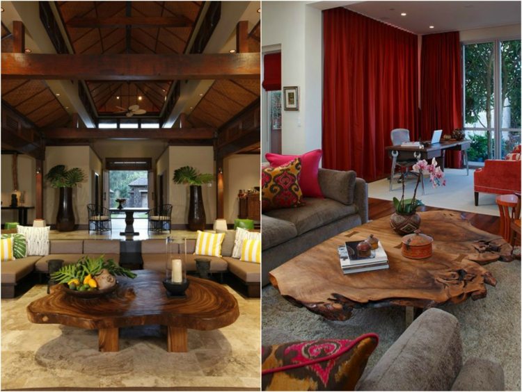 mesa de centro-madeira fatia-sala de estar-sofá-vigas de madeira-tigela de frutas-orquídea-livros-cortinas-vermelho