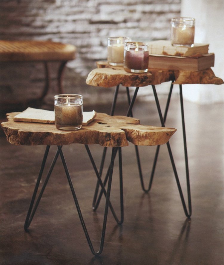 Mesa de centro-madeira-disco-aço-mesa-pernas-castiçal-livros-rústico-baixo-alto