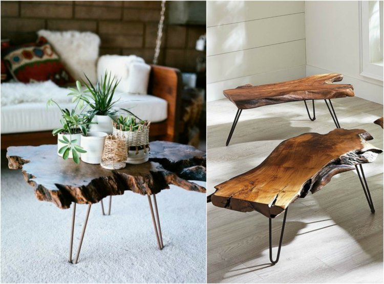mesa de centro-madeira-disco-mesa-ambos-aço-tronco de árvore-tapete oblongo-branco-piso de parquete