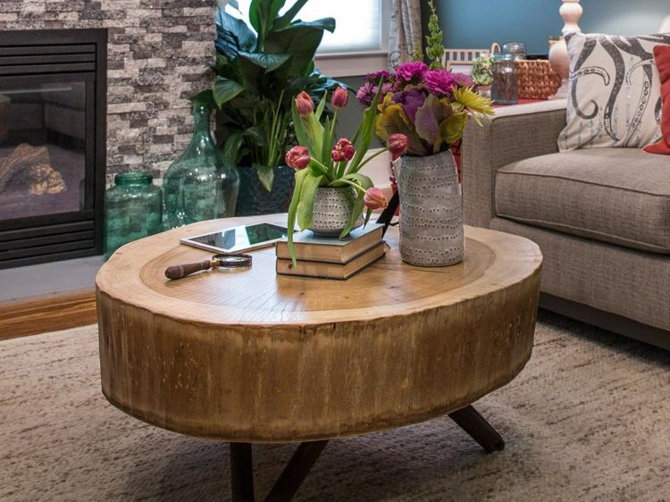 Mesa de centro-madeira-disco-tapete-aço-mesa-pernas-livros-vasos-flores-lupa-jogar almofadas-lareira-vasos de plantas