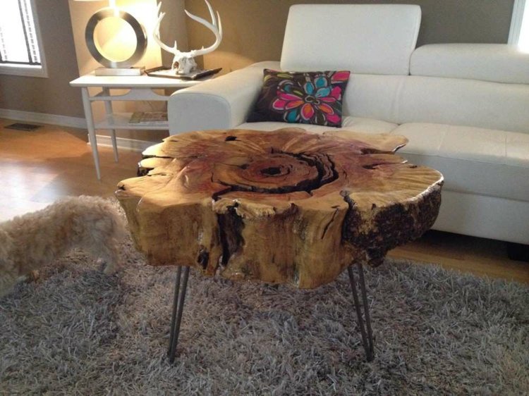 Mesa de centro-madeira-disco-grosso-sala-carpete-sofá-mesa lateral-material natural