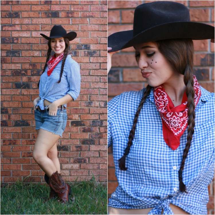 cowboy-make-up-cowgirl-sardas-couro chapéu-penteado trançado-bandana-lenço de pescoço-camisa xadrez-botas de cowboy