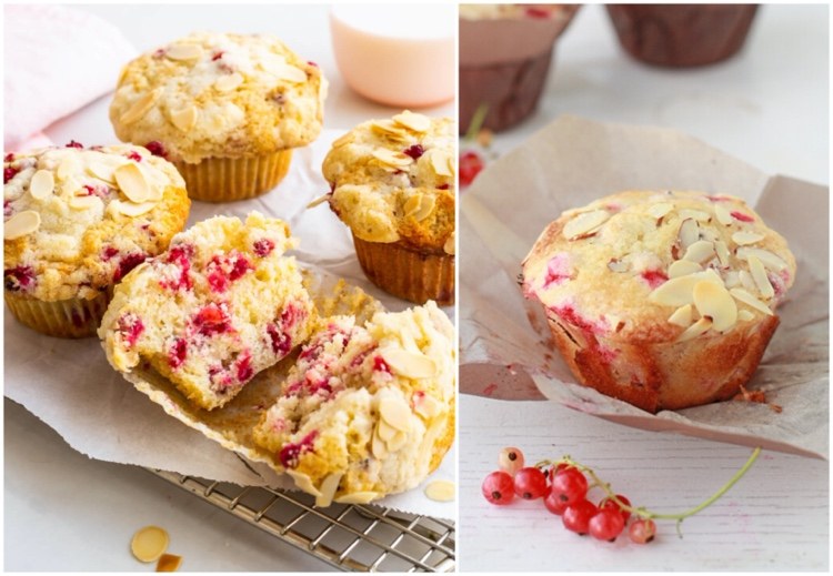 Muffins de iogurte de groselha com cobertura feita de amêndoas fatiadas