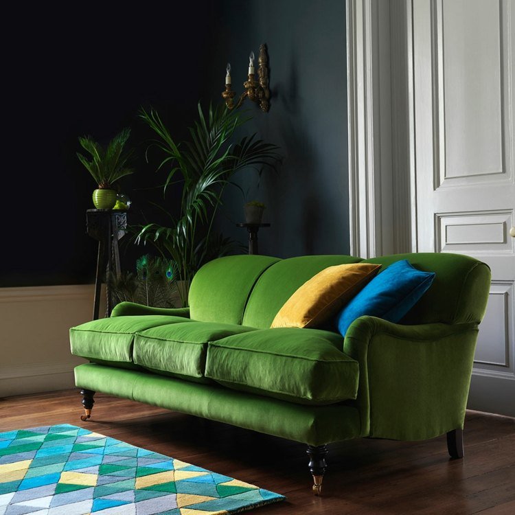 sofá de veludo cor verde ideia almofadas de sofá azul amarelo