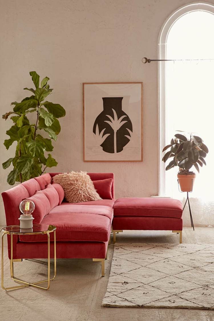 sofá veludo rosa coral metal ideias tendência de móveis