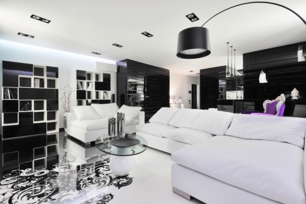 Cores da sala de estar idéias conjunto de sofás - sistemas de prateleiras abertas branco-preto