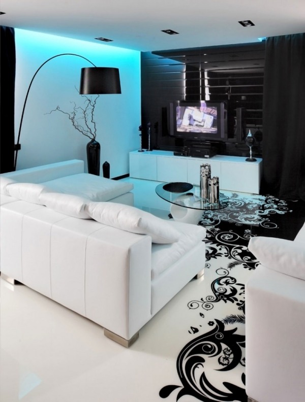 Cores da sala de estar - iluminação azul - conjunto de sofá branco - piso preto