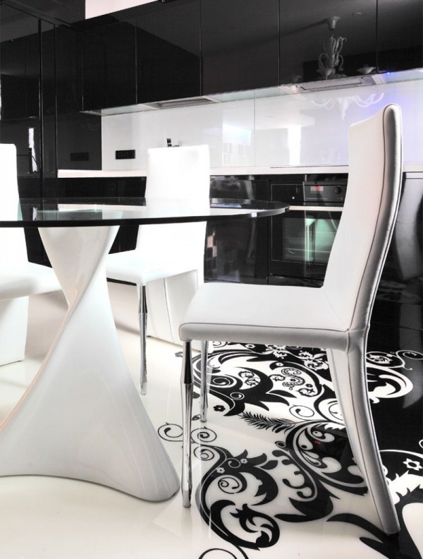 Esquema de cores na sala de estar / sala de jantar com design de móveis em branco e preto