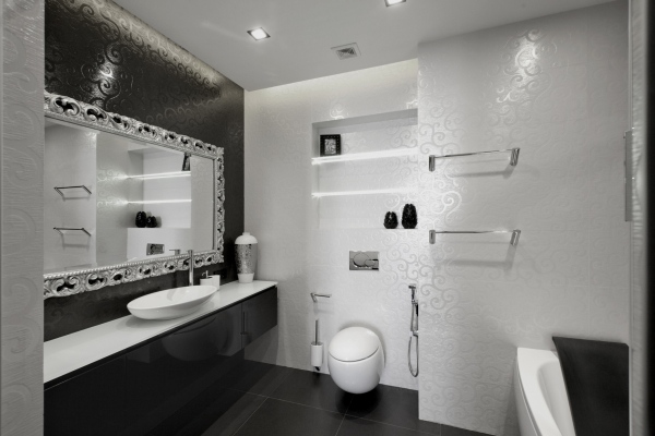 Projeto do banheiro com azulejos modernos estampados em papel de parede preto e branco