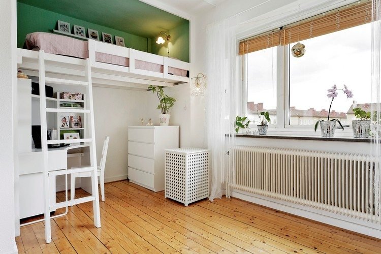 cama loft moderna para adultos assoalho-verde-parede-cor-mesa-abaixo