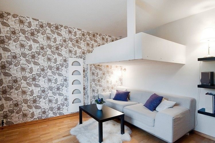 cama alta moderna para sala de estar de adultos piso laminado de papel de parede