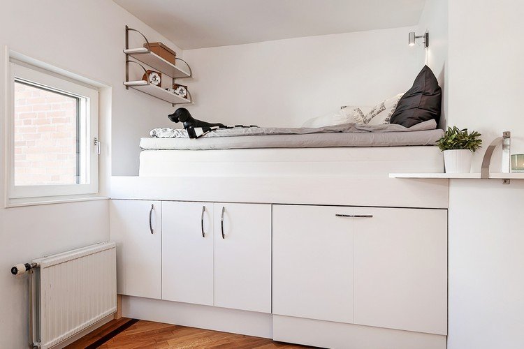 cama alta moderna para adultos - espaço de armazenamento - armários baixos