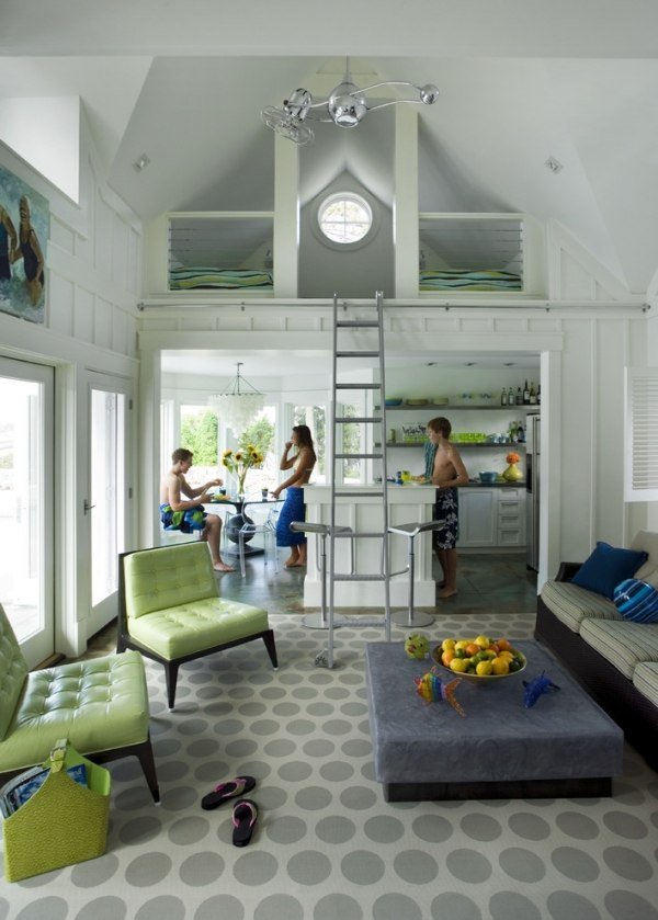 cama alta para adultos escada de alumínio cozinha sala de estar cinza verde