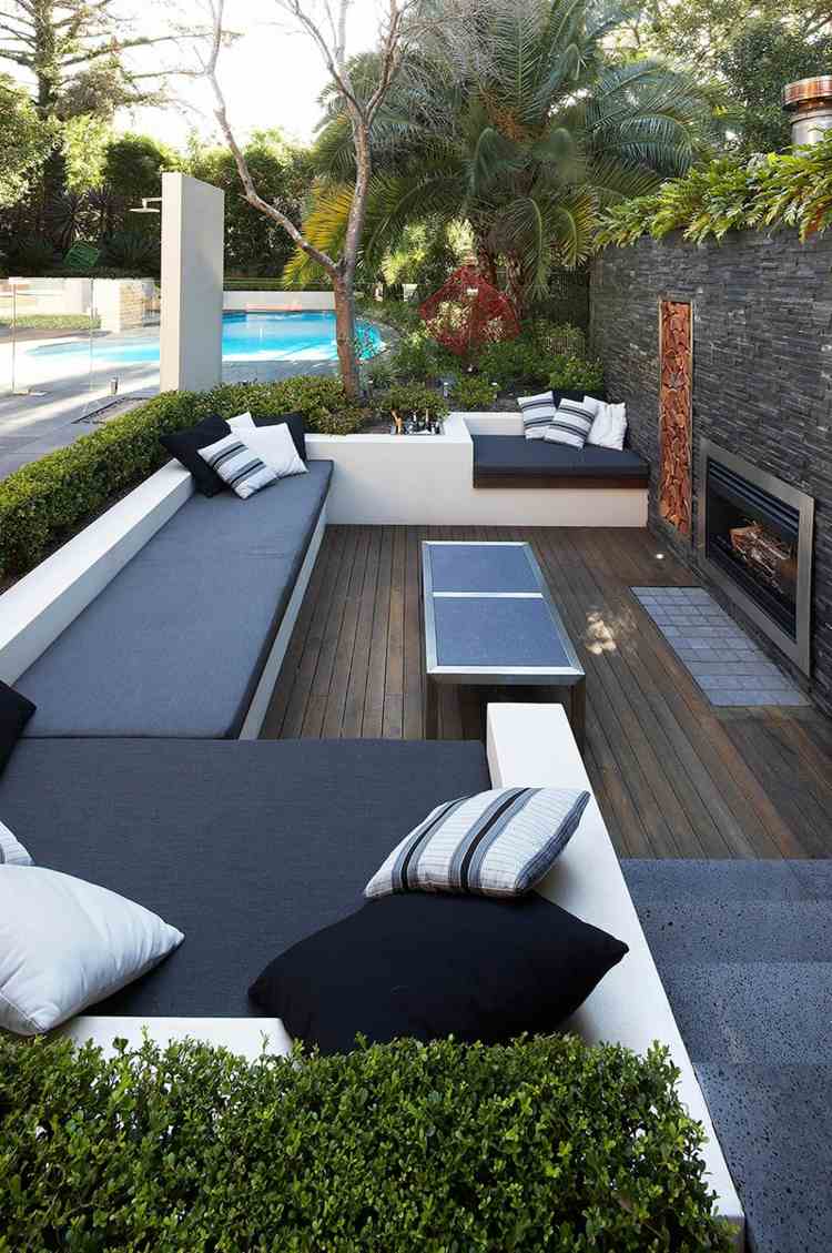 terraço mobiliário sofá-cama lareira sala de madeira ao ar livre