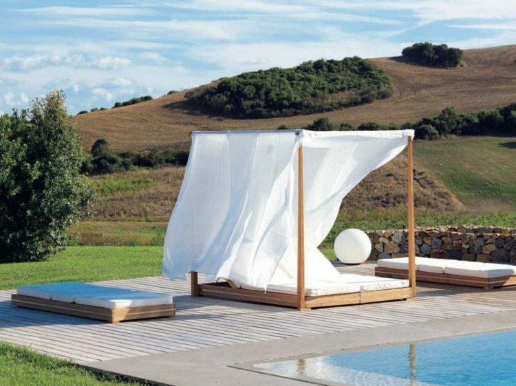 espreguiçadeira design área da piscina com dossel de relaxamento ao ar livre