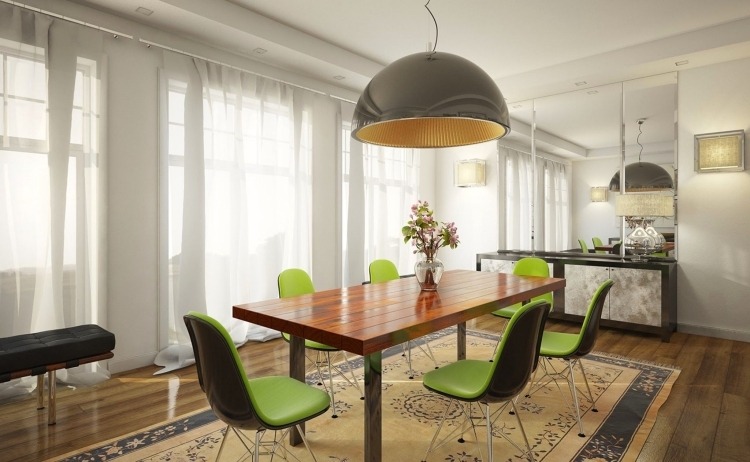 mesas de jantar-madeira maciça-design-moderno-cadeiras-estofamento-verde-cor neon