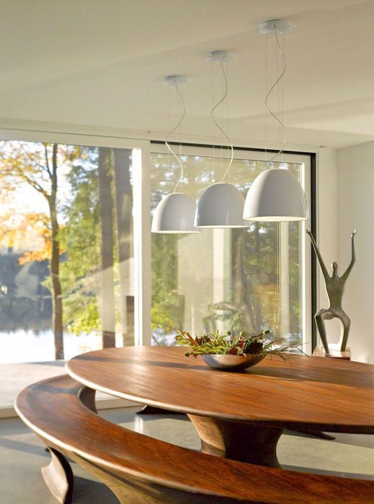 mesas de jantar-madeira-maciça-design-moderno-redondo-oval-banco-luzes suspensas