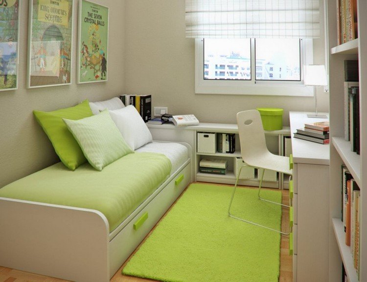 Quarto de estudante-mobília-branco-verde-assento-almofada-cama-em vez-sofá-cama-carpete-parede-murais-persianas