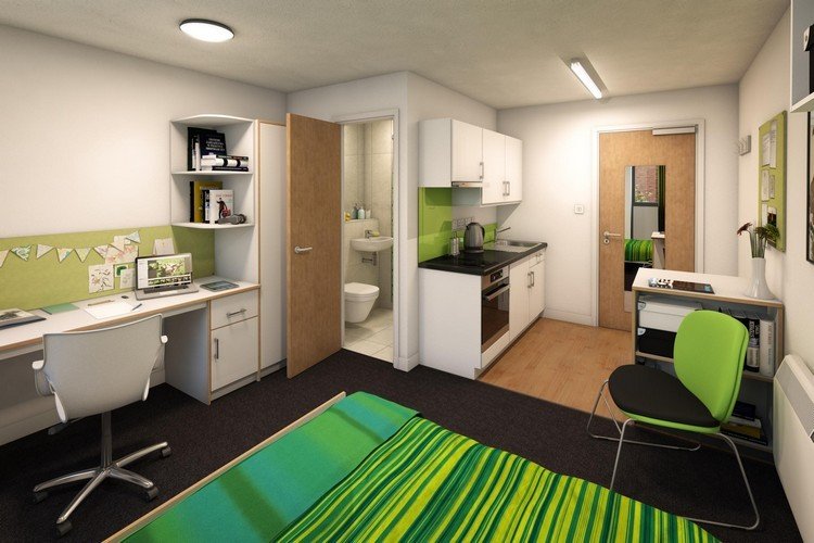 quarto-aluno-mobília-um-quarto-apartamento-mini-cozinha-banheiro-carpete-preto-mesa