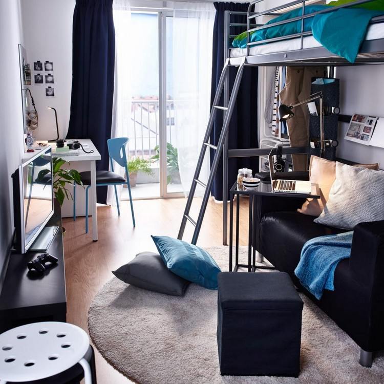 quarto de estudante-mobília-loft-cama-assentos-embaixo-móveis-escuros-quarto-masculino-varanda