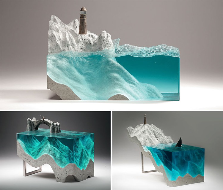 Esculturas de vidro flutuante, concreto oceânico, figuras de latão da costa
