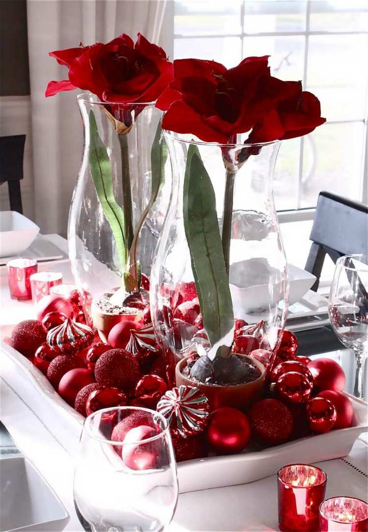 decoração para mesa de natal decorar bolas flores vermelhas