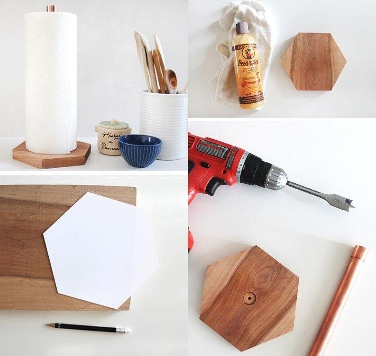 Idéias de decoração para a cozinha-faça-você-mesmo-monte-cozinha-papel-suporte-madeira-hexagonal-haste-cobre