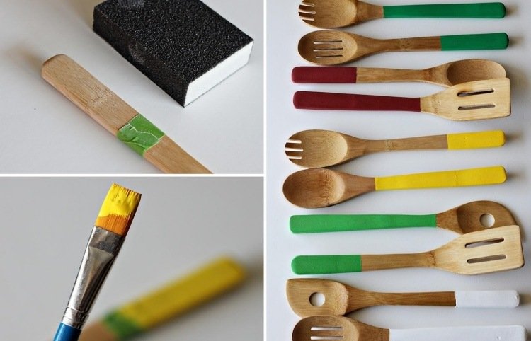 decoração-ideias-cozinha-faça-você-mesmo-suportes-conjunto de bambu-colher de madeira-utensílios-cor-personalize