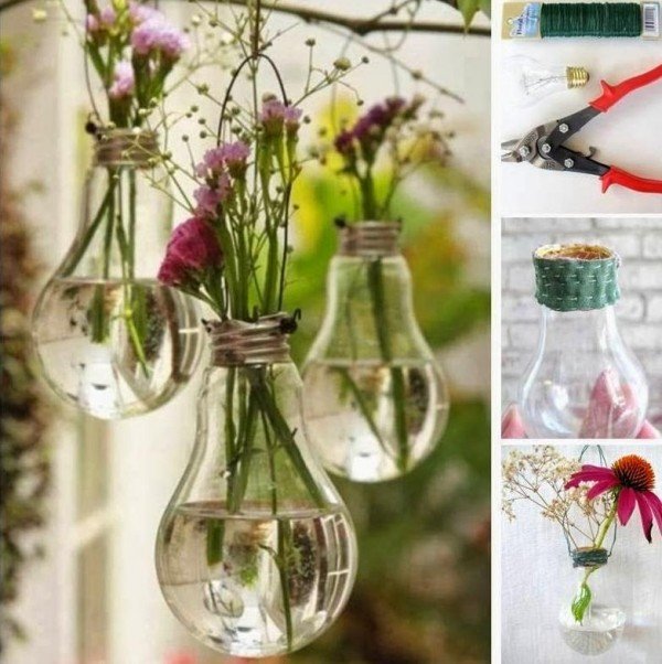 Decoração no jardim - lâmpadas velhas - como vasos de flores