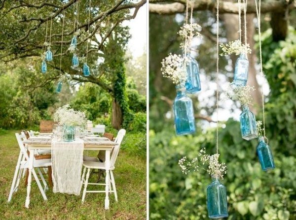 iluminação de decoração suspensa de jardim faça você mesmo garrafas azuis