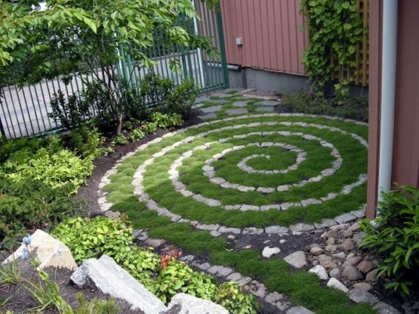 Crie um design de trado de caminhos de jardim com grama de pedra