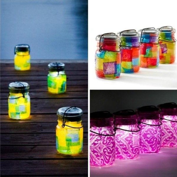 lanternas de iluminação de jardim em potes de geléia fazem você mesmo decorações coloridas