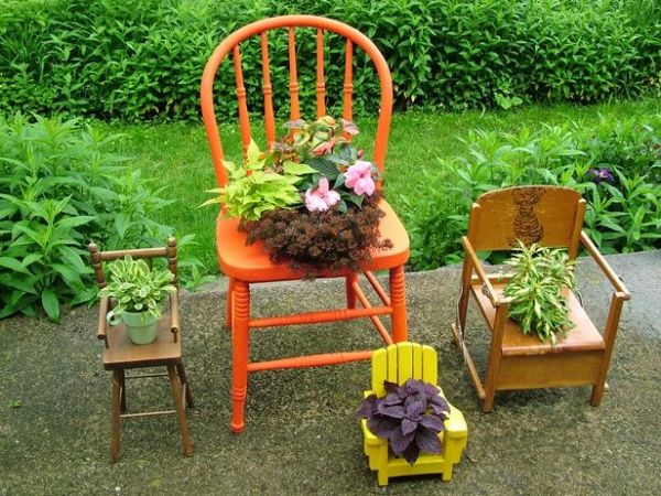 jardim decorando cadeiras velhas convertendo plantas coloridas