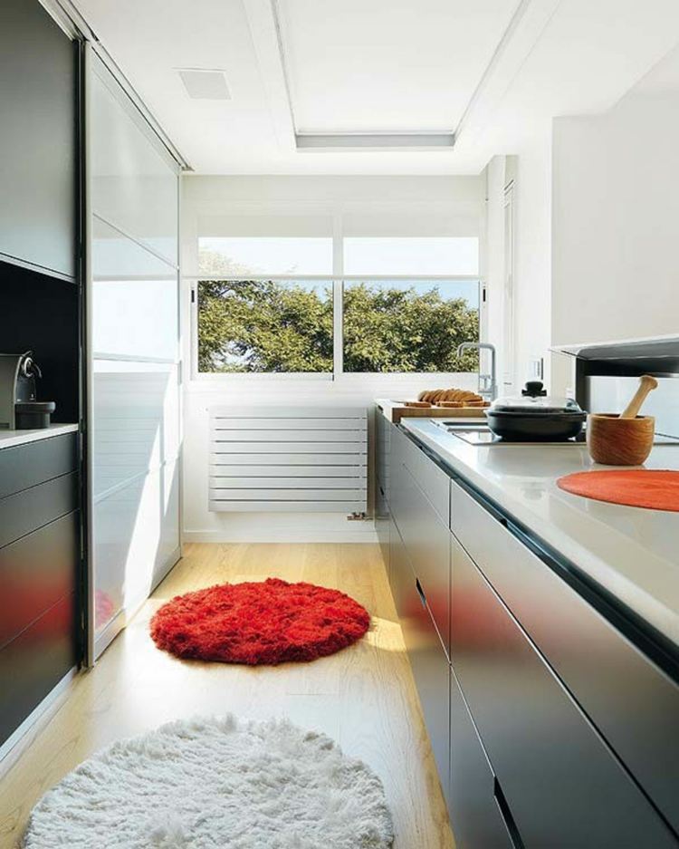 carpete de cozinha deco redondo pilha profunda branco vermelho armários modernos