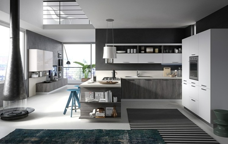 decoração com tapete de cozinha listras de combinação minimalista de ideia de cozinha