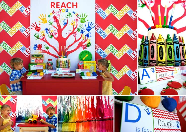 decoração de mesa para presente escolar table-crayon-decoration-picture-handprints